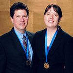 Meagan Hennessey, right, and Richard Martin after receiving their 2006 Grammy Award for Best Historical Album.