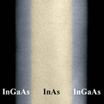 A false-color microscope image of a single nanowire, showing the InAs core and InGaAs shell.
