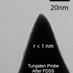 A traditionally etched tungsten STM probe, sharpened to a 1-nanometer point after bombarding it with ions.