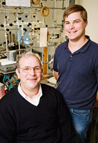 Chemistry professor Thomas Rauchfuss, left, and graduate student Zachariah Heiden have devised a new way to make water.