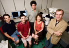 A unique collaboration: The research team included (from left to right) cell and developmental biology graduate student Larry Millet, chemistry graduate student Matthew Stewart, Biotechnology Center director Jonathan Sweedler, cell and developmental biology department head Martha Gillette, and materials science and engineering professor Ralph Nuzzo.