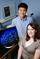 Veterinary biosciences professor Humphrey Hung-Chang Yao and his graduate student, Denise Archambeault. The research team discovered a mutant mouse embryo that led them to a gene essential to epididymal coiling.