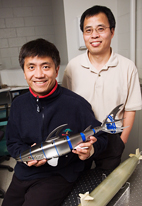Chang Liu, a Willett Scholar and a professor of electrical and computer engineering at Illinois, holds one of the models (also below) that he and his postdoctoral research associate, Yingchen Yang, are using to test their artificial lateral line. Their research could assist autonomous underwater robots.