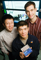 Nicholas Fang, left, a professor of mechanical science and engineering, has developed, with graduate students Keng Hao Hsu, center, and Peter Schultz, a simple and robust electrochemical nanoimprinting process with solid-state superionic stamps.