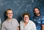 Chemistry professor Zaida Luthey-Schulten is flanked by graduate students Elijah Roberts, left, John Eargle, right, who along with graduate student Dan Wright, developed software that allows scientists to more effectively analyze and compare both sequence and structure data from a growing library of proteins and nucleic acids.