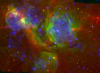This false-color image shows infrared (red), optical (green), and X-ray (blue) views of the large star-forming complex N51. The warm ionized gas is shown in green, the hot ionized gas is in blue, and the proto-stars are primarily in red. This color image reveals the relative position of the expanding shell N51D and the recently formed proto-stars, allowing astronomers to determine whether the star formation is triggered by pressure from hot gas or by compression by a passing shock wave. The infrared image was taken with the Spitzer Space Telescope's Infrared Array Camera (IRAC) at a wavelength of 8 microns. The optical image of hydrogen emission was taken as part of the Magellanic Cloud Emission-Line Survey (MCELS) with the Curtis-Schmidt Telescope at Cerro Tololo Inter-American Observatory in Chile. The X-ray image was taken with the European Space Agency's satellite, XMM-Newton, using its European Photon Imaging Camera (EPIC) camera.