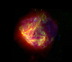 This false-color image shows infrared (red), optical (green), and X-ray (blue) views of the N49 supernova remnant. This object, the remains of an exploded star, has million-degree gas in the center, with much cooler gas at the outer parts of the remnant. While astronomers expected that dust particles were generating most of the infrared emission, the study of this object indicates that much of the infrared is instead generated in heated gas. Images forming this composite were taken with NASA's three Great Observatories. The infrared image was taken with the Spitzer Space Telescope's Multiband Imaging Photometer for Spitzer (MIPS) at a wavelength of 24 microns. The optical image was taken with the Hubble Space Telescope's Wide Field Planetary Camera 2 (WFPC2) of hydrogen emission. The X-ray image was taken with the Chandra X-ray Observatory's Advanced CCD Imaging Spectrometer.