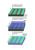 Schematic illustration of the process for building stretchable single crystal silicon devices on rubber substrates.