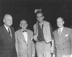 Harlington Wood, second from right, as Abraham Lincoln at New Salem, 1952, with, from left, Sen. Scott Lucas, Vice President Alben Barkley and Illinois Gov. Adlai Stevenson.