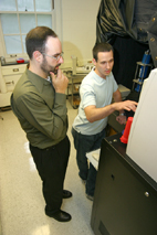 Michael Strano, left, led the team of Illinois researchers who developed a protein-encapsulated single-walled carbon nanotube.