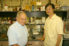 James Economy, left, a professor of materials science and engineering, and Illinois research scientist Zhongren Yue have developed a new generation of high surface-are porous materials for removing atrazine from water supplies.
