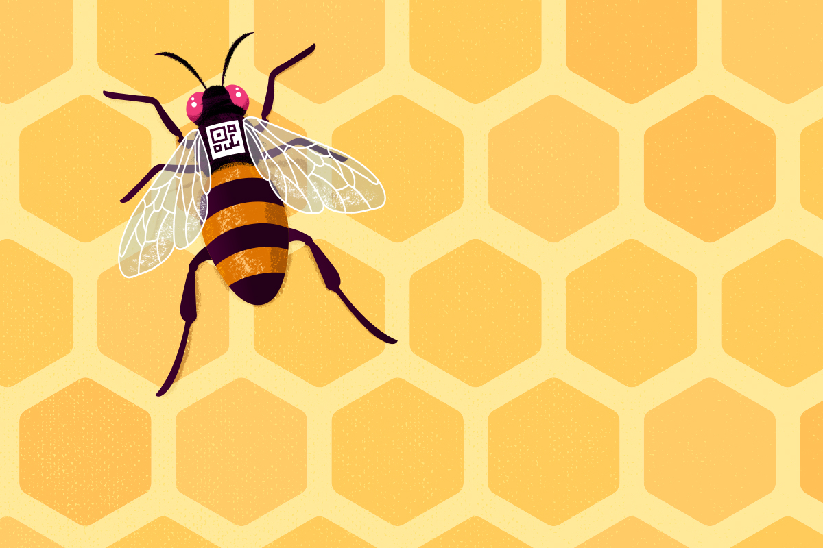 Cartoon of a honey bee with a QR code on its back.
