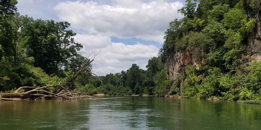 Photo of a wide river with limestone cliffs on one side.