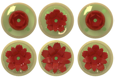 A display screens that use flexible fins and liquid droplets that can be arranged in various orientations to create images like this simulation of the opening of a flower bloom.
