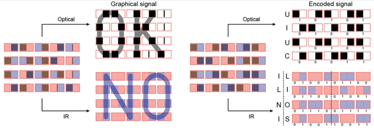 A schematic of the display simultaneous optical and infrared signals of the words “OK” and “NO.” In the graphic, cold pixels are indicated by a blue color and hot pixels are indicated by a pink color.