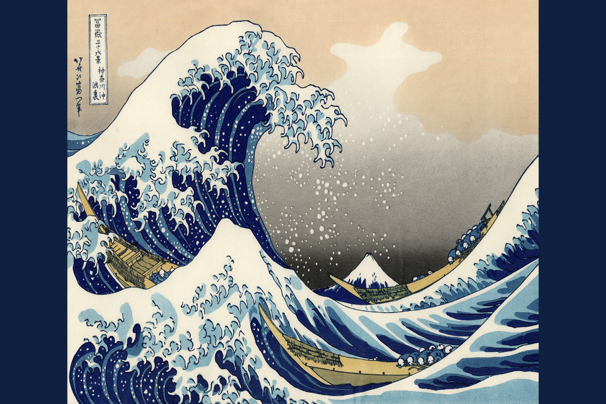 Hokusai’s woodblock print “The Great Wave off Kanagawa,” showing an artistic rendering of a deep blue tsunami wave