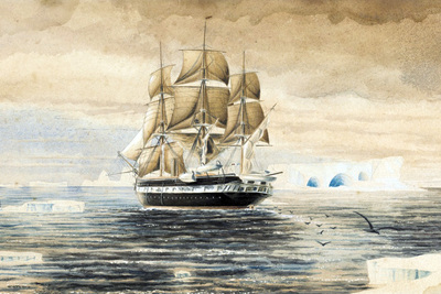 Illustration of a sailing ship on the water amid icebergs.