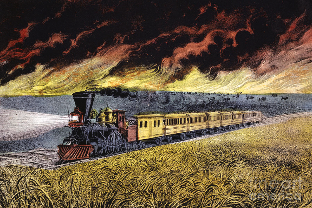 Artist’s view of a locomotive crossing the prairie with a raging fire in the background.