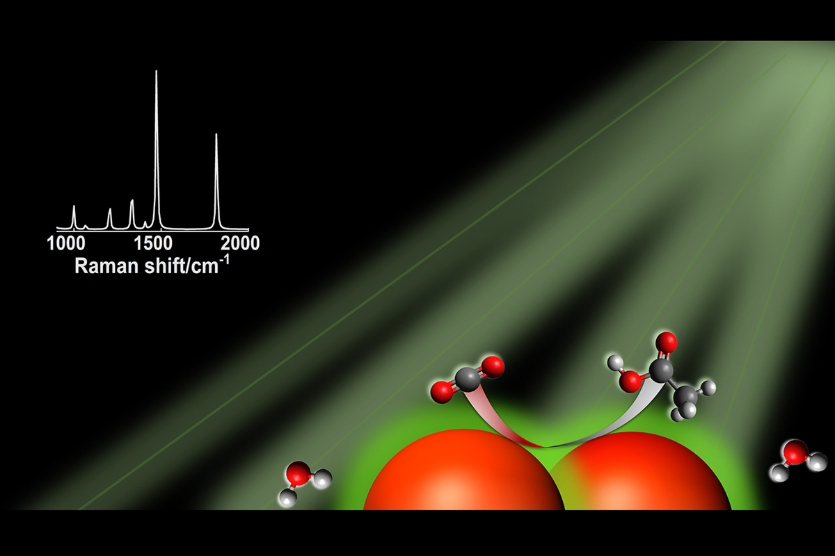 Illustration of a carbon reduction reaction at the surface of a silver nanoparticle in the presence of visible light.