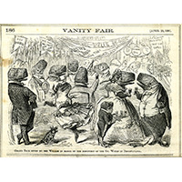 Image of an 1861 Vanity Fair cartoon of whales celebrating the advent of oil drilling.