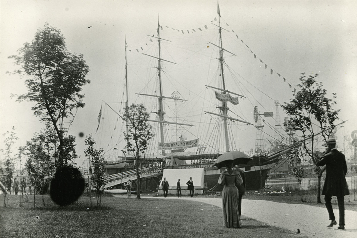 Black-and-white photo of the whaling ship Progress at the 1893 World’ Columbian Exposition in Chicago.