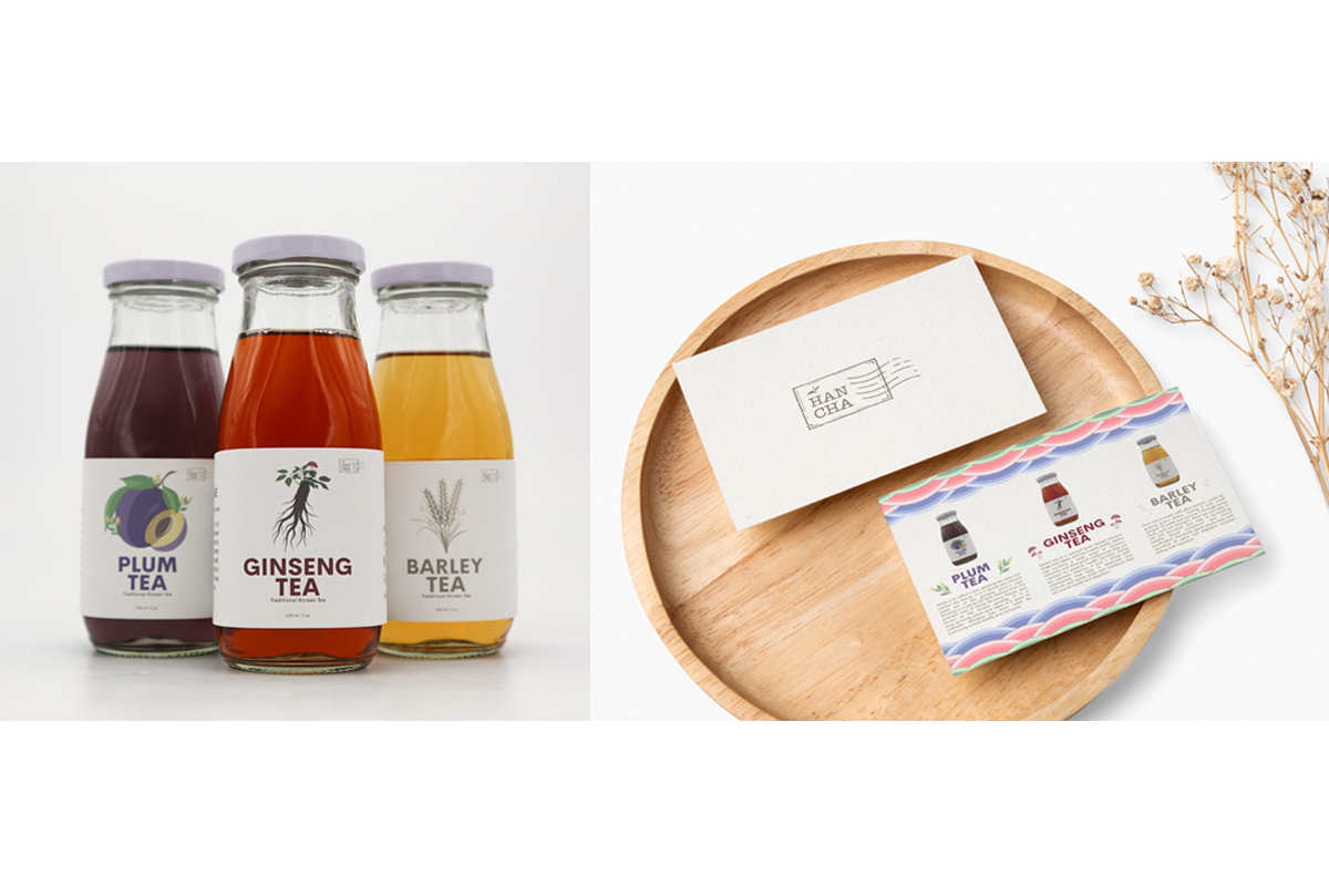 Diptych photo of tea bottles and an information card for a Korean tea line.