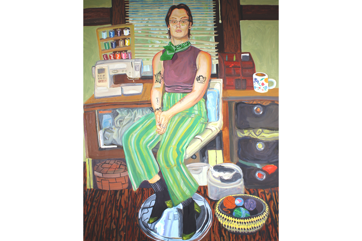 Image of a painting of a woman wearing green striped pants with tattoos on her arms, sitting in front of a sewing machine, with balls of yarn at her feet.