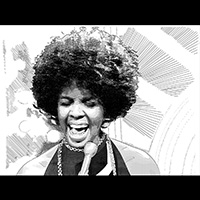 Image of a black and white drawing of Gladys Knight singing in front of a microphone.