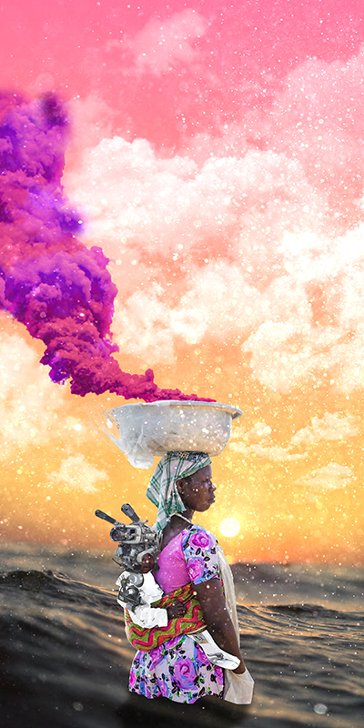 Image of a woman standing in ocean waves with a pot on her head billowing hot pink smoke, against a pink and yellow sky.