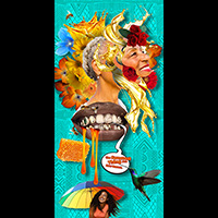 Collaged image of a woman’s head, surrounded by flowers, with the face detached. Below the head is a mouth with metal on many of the teeth. The image also shows a hummingbird and a woman underneath a rainbow-colored umbrella.