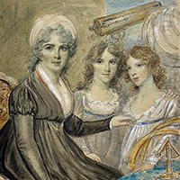 A watercolor portrait of Margaret Bryan shows her seated surrounded by a telescope and a globe, with her two daughters standing in the background