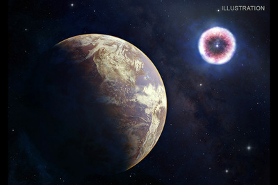 A NASA illustration showing a supernova in the backround and a planet in the foreground