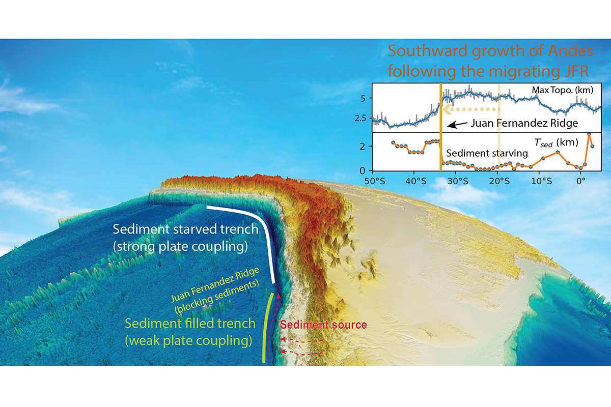 Mapa de relieve en 3D que muestra cómo la cordillera sumergida de Juan Fernández podría actuar como un amortiguador contra los sedimentos de las trincheras migratorias hacia el norte.