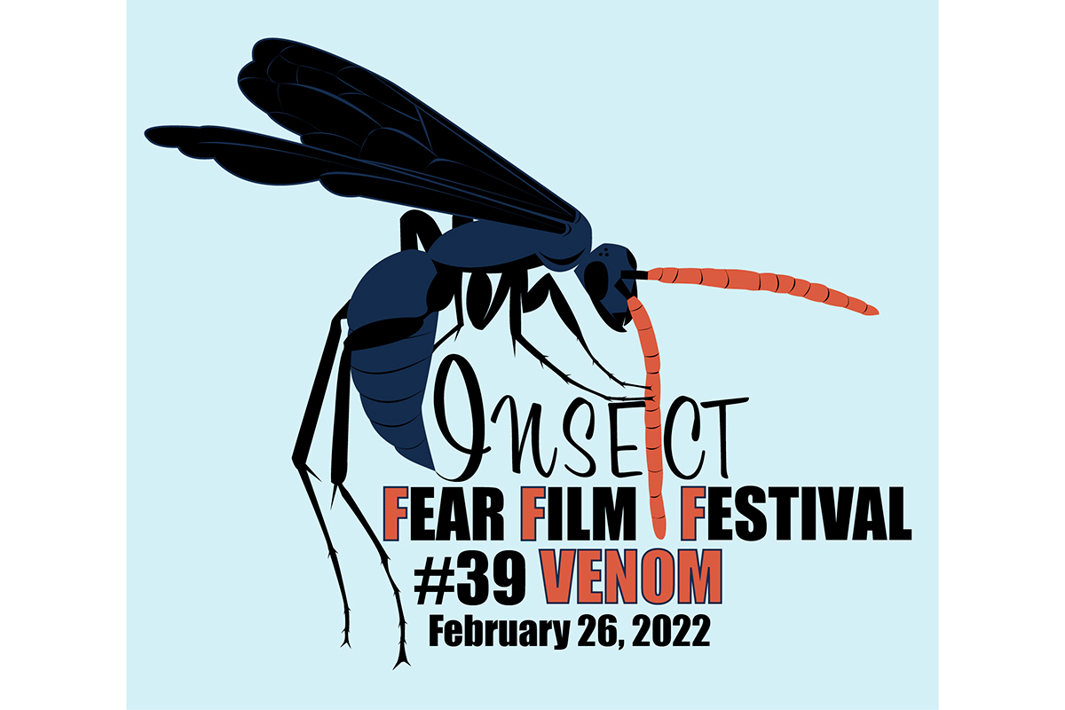 Image of artwork featuring a drawing of a wasp and the Insect Fear Film Festival title.