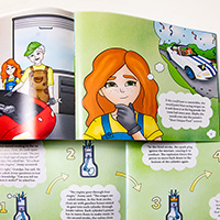 The character Jenny in illustrations from the children’s book "Jenny Saves a Convertible"