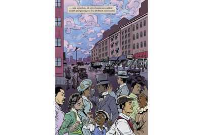 Panel from graphic novel showing well-dressed Black residents on a busy city street.