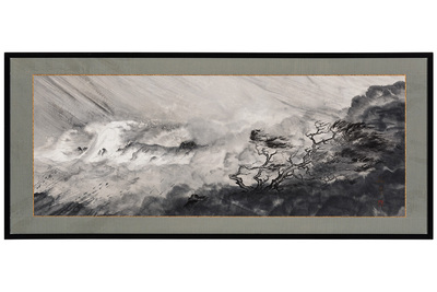 Photo of a Japanese black ink painting showing waves crashing and a tree on the coast thrashing in the wind.