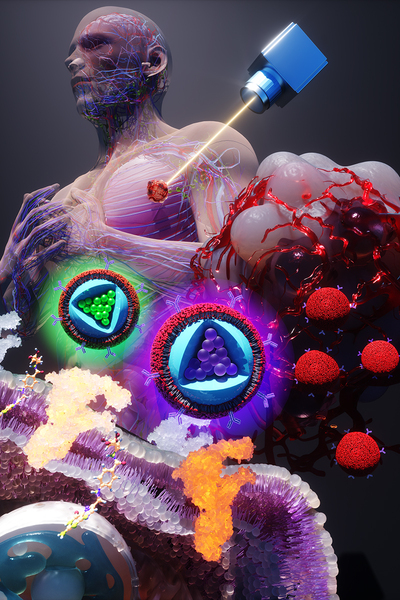 An artist’s rendering of membrane-wrapped nanoparticles binding to markers on a cancer cell and emitting colored light.