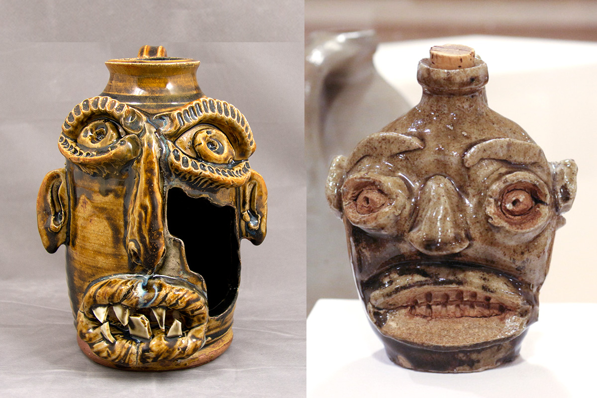 Diptych image of two face jugs, one contemporary with a portion of the face missing and one historical.