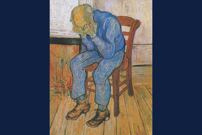 "Old Man Sorrowing (At Eternity's Gate)," a painting by Vincent Van Gogh, depicts a man hunched in a chair with his head in his hands.