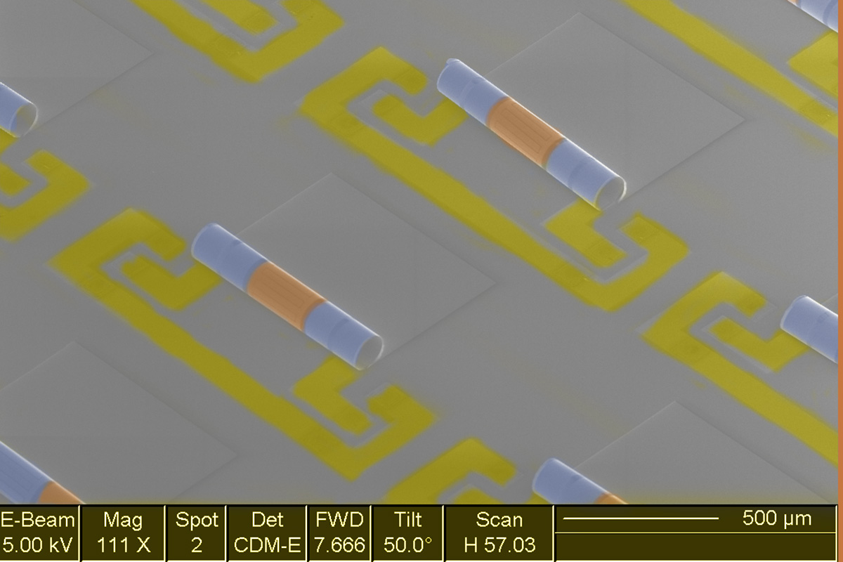 Electron microscope image of an array of new chip components that integrate the inductors, blue, and capacitors, yellow, needed to make the electronic signal filters in phones and other wireless devices.