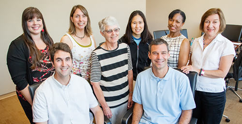 A multidisciplinary team is researching Illinois college students' attitudes toward health insurance and Obamacare. The team: (from left, seated) Julian Reif, health economics and finance; Brian Quick, communication and College of Medicine; (from left, standing) Chelsey Byers, Extension; Laura Payne, Extension and recreation, sport and tourism; Susan Farner, kinesiology and community health; Maggie Phan, research assistant, Extension; Carien Williams, College of Medicine; and Marian Huhman, communication.