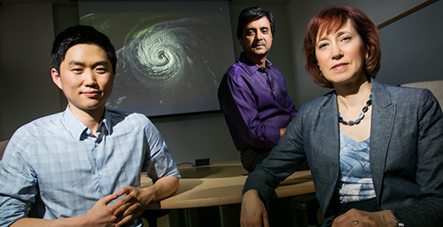 An analysis of more than six decades of death rates from U.S. hurricanes by a team of University of Illinois researchers shows that severe hurricanes with a more feminine name result in a greater death toll. From left, Kiju Jung, a doctoral student in marketing in the U. of I.'s College of Business and the lead author on the study, and Madhu Viswanathan and Sharon Shavitt, both professors of marketing at Illinois.