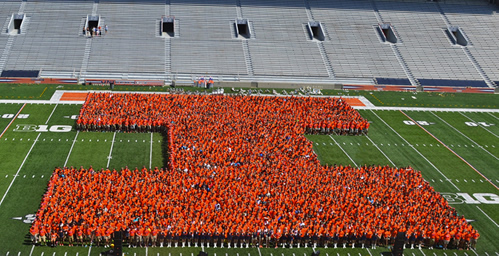 Members of the Class of 2017 pose for a photo at Memorial Stadium on Aug. 23. According to fall enrollment statistics released this week, there are 7,331 freshmen this year.
