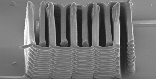 For the first time, a research team from Harvard University and the University of Illinois at Urbana-Champaign demonstrated the ability to 3-D-print a battery. This image shows the interlaced stack of electrodes that were printed layer by layer to create the working anode and cathode of a microbattery.