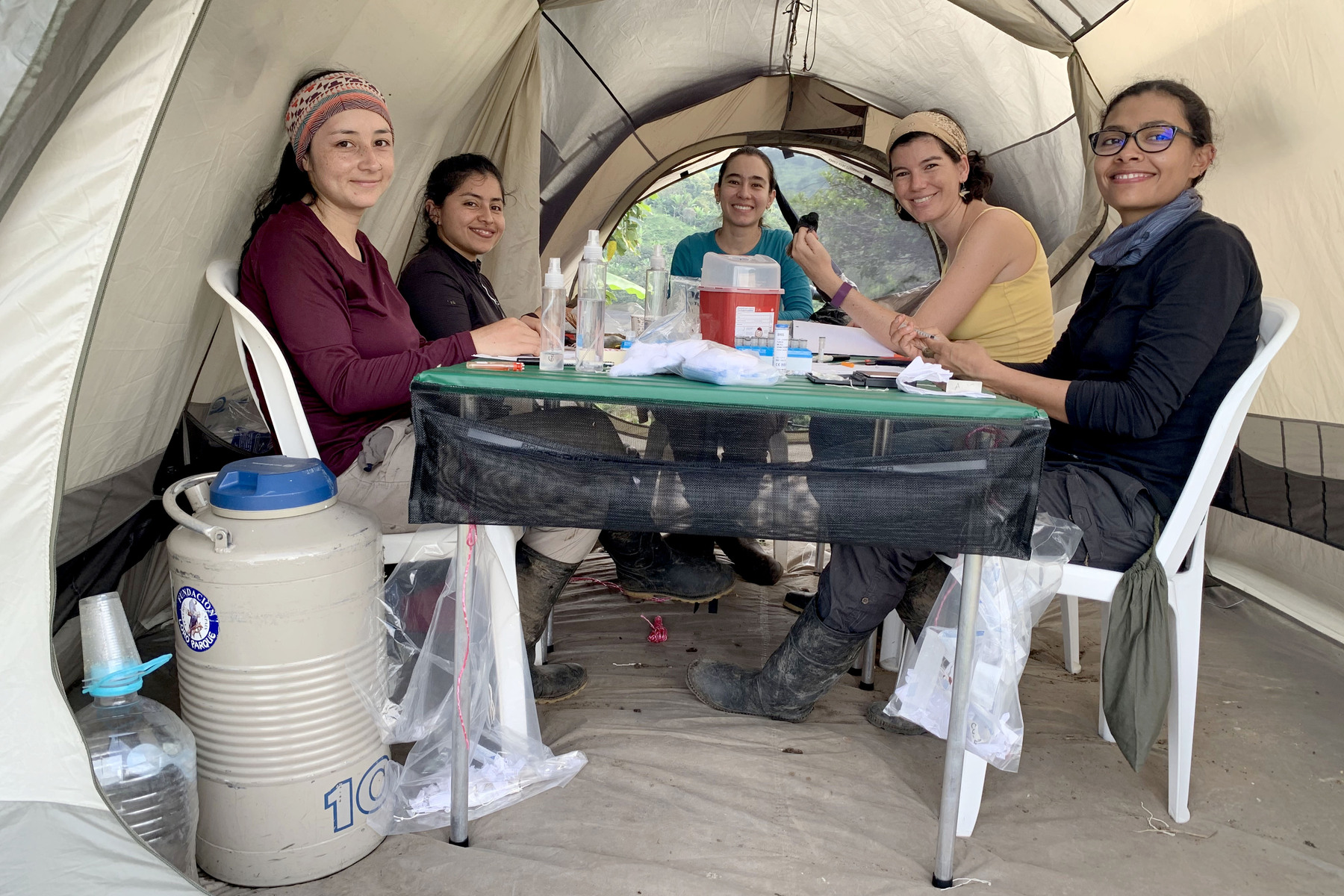 The expedition team works in a tent laboratory.