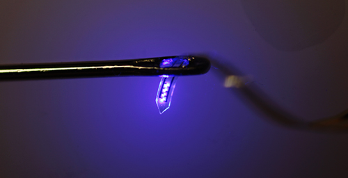 A thin plastic ribbon printed with advanced electronics is threaded through the eye of an ordinary sewing needle. The device, containing LEDs, electrodes and sensors, can be injected into the brain or other organs.
