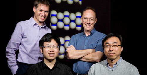 Researchers from the University of Illinois and Northwestern University demonstrated tiny spheres that synchronize their movements as they self-assemble into a spinning microtube. From left, Erik Luijten, Jing Yan, Steve Granick and Sung Chul Bae.