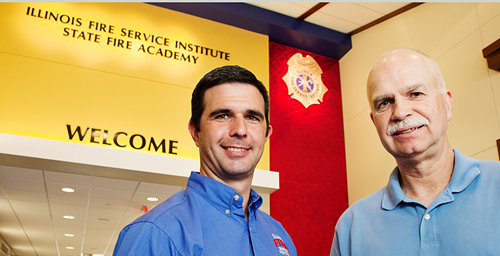 Three hours of fighting a fire stiffens arteries and impairs cardiac function in firefighters, according to a new study by Bo Fernhall, right, a professor in the department of kinesiology and community health in the College of Applied Health Sciences, and Gavin Horn, director of research at the Illinois Fire Service Institute.