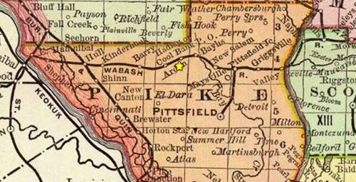 An 1895 atlas map shows the region of Pike County, Illinois, and the route of the Hannibal and Naples Railroad, later referred to as the Wabash Railroad (Rand McNally 1895). The location of the New Philadelphia town site is marked by a star.
